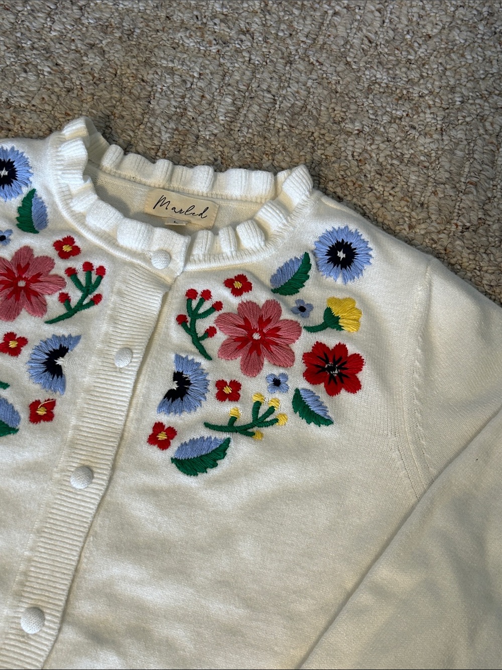 Marled White Floral Embroidered Button-Up Sweater Cardigan Medium - Picture 9 of 10